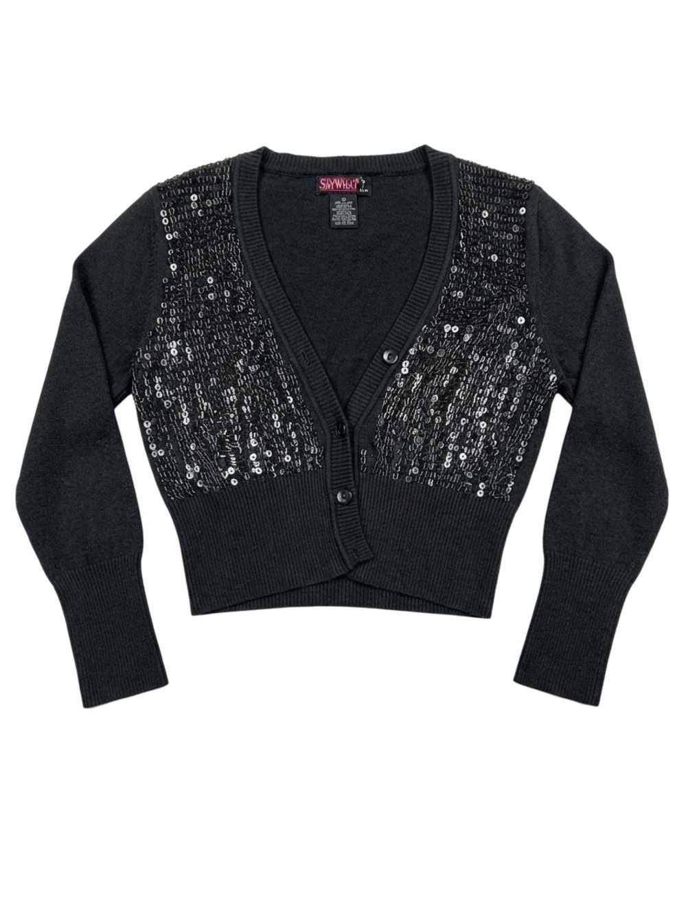 Say What? Black Sequin Embellished Button-Up Cardigan Sweater (Size M)